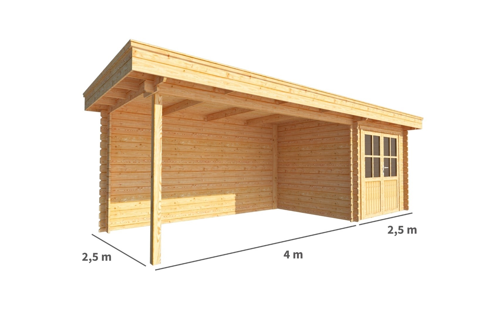 Blokhut met overkapping Lisa 650 cm bij 250 cm diep Plat dak