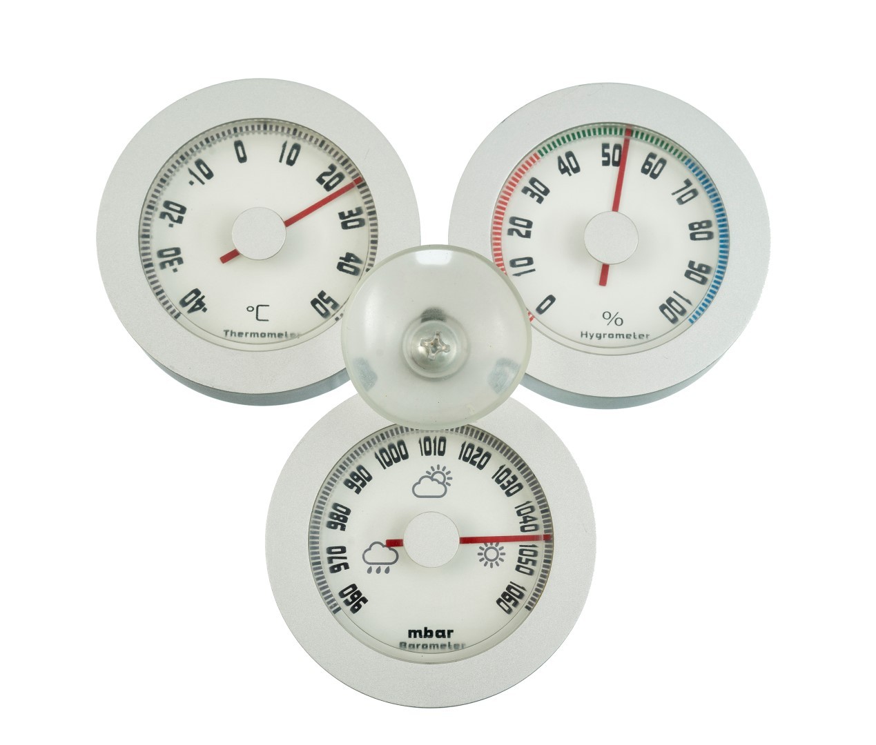 Hygro- baro en thermometer Lolly aluminium met zuignap 15x15 x dia. 7,2 cm Hygro- baro en thermometer Lolly aluminium met zuignap 15x15 x dia. 7,2 cm