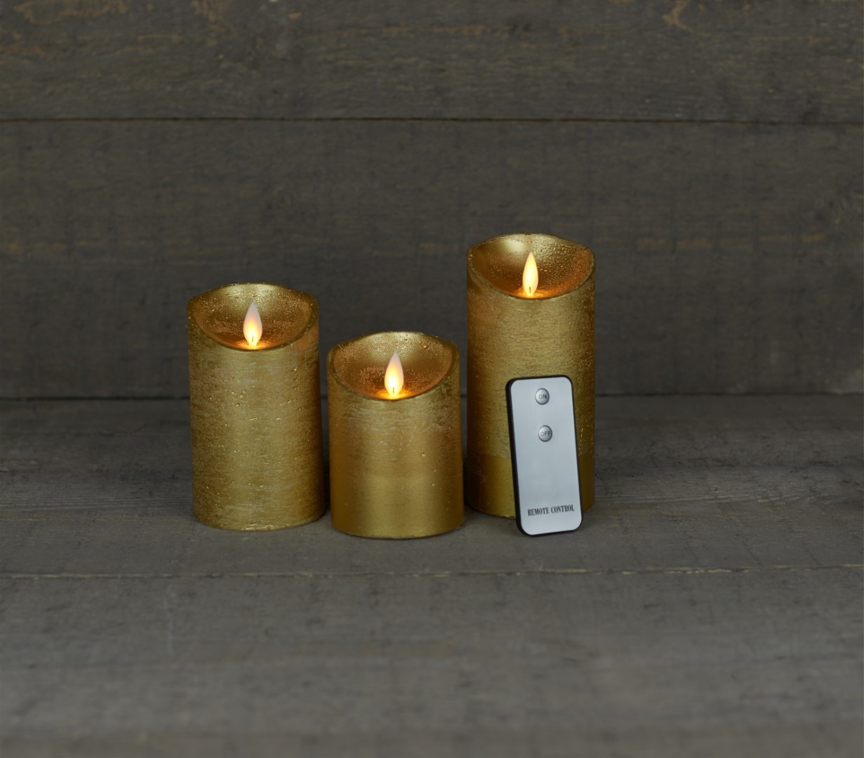Batterijverlichting 3 kaarsen wax rustiek met bewegende vlam goud - Anna's Collection