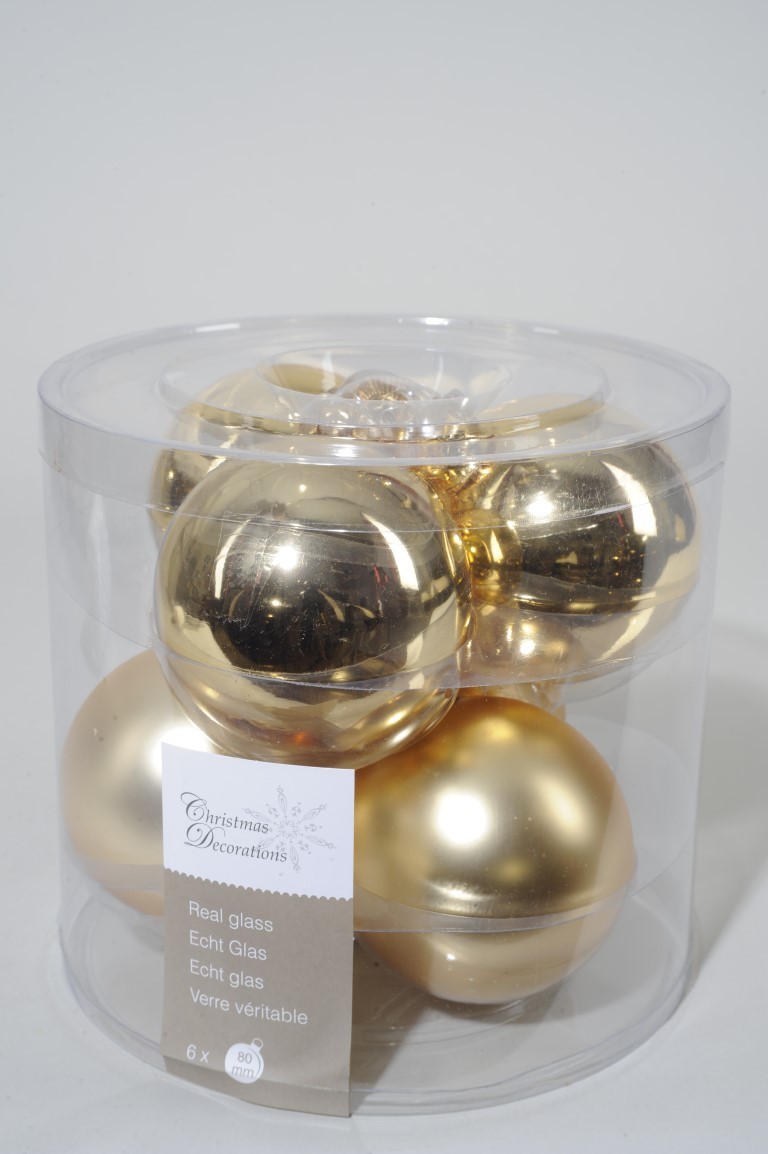 6 kerstballen licht goud glans-mat 80 mm