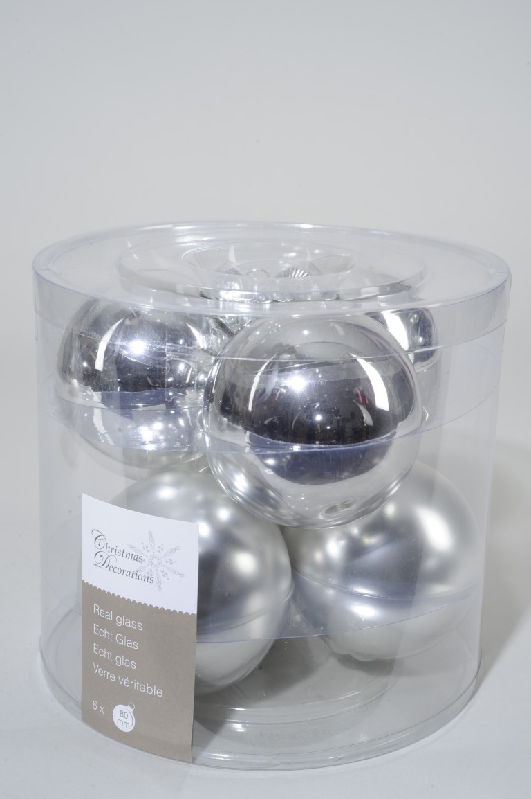 6 kerstballen zilver glans-mat 80 mm