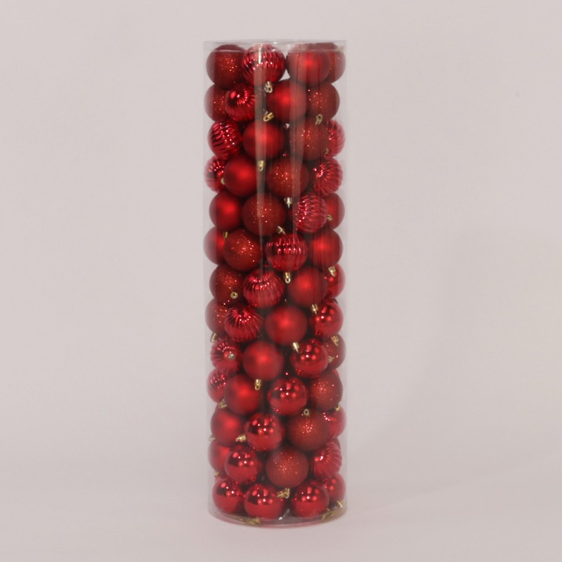100 Onbreekbare kerstballen in koker diameter 6 cm rood watermeloen