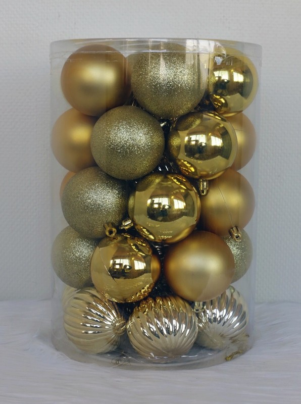34 Onbreekbare kerstballen in koker doorsnee 7 cm goud watermeloen - Oosterik Home