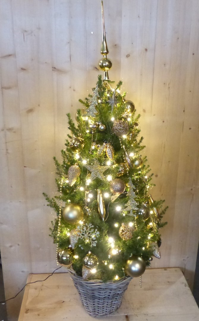 Echte kerstboom in mand met verlichting goud h130 - Warentuin Natuurlijk