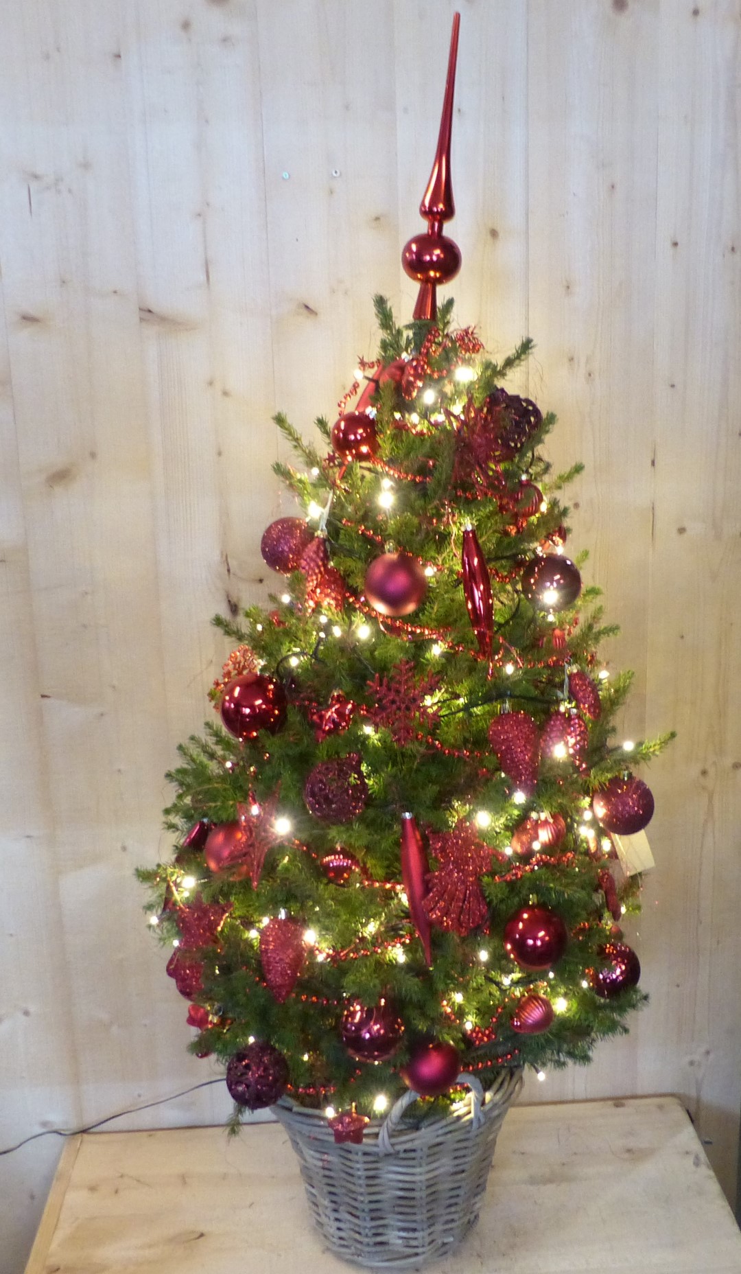Echte kerstboom in mand met verlichting rood h130 - Warentuin Natuurlijk