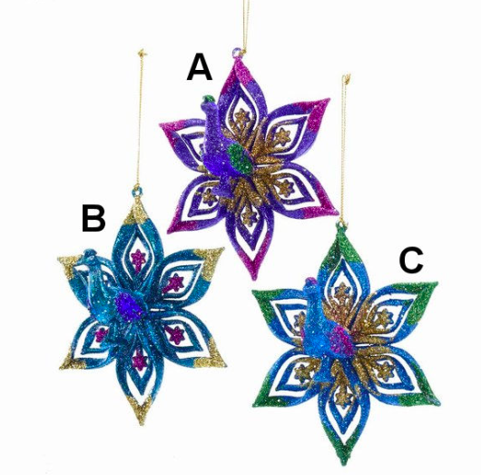 Plastic purple, blue, green & fucshia peacock with gold glitter snowflake ornament assorted