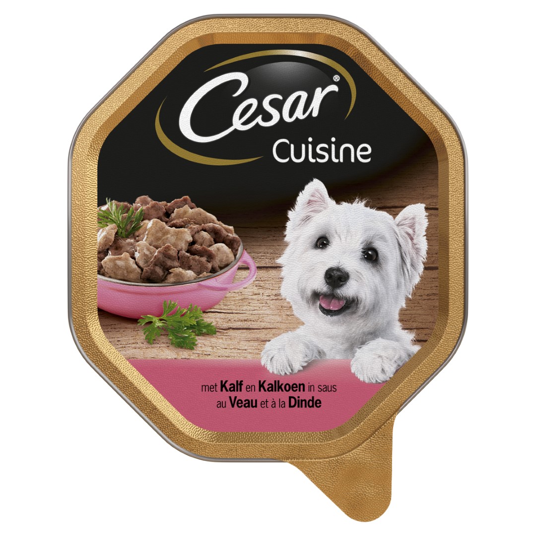 Hondenvoer Cuisine Kalf en Kalkoen in saus alu kuipje 150 g Cesar