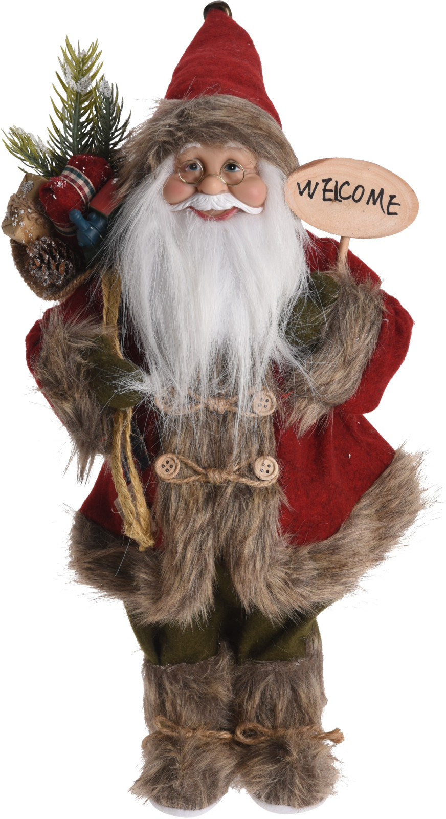 Kerstman Deco Figuur 37 cm hoog rood/grijze jas met cadeauzakje
