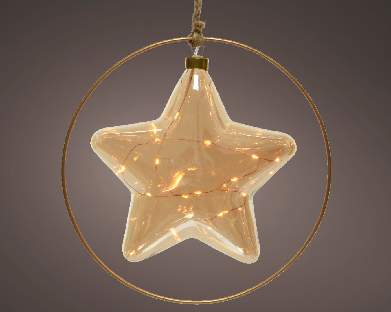 Kerstster met jute touw en koperen ring - 15 LED lampjes - 26cm - Amber glas