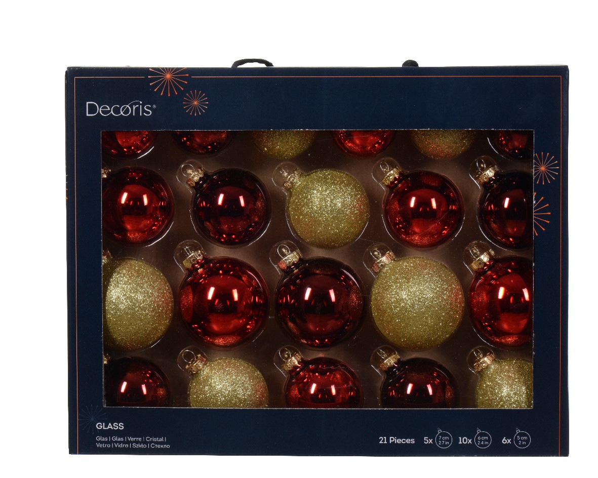 Kerstbal glas d7 cm rood/goud ass 21st kerst - Decoris