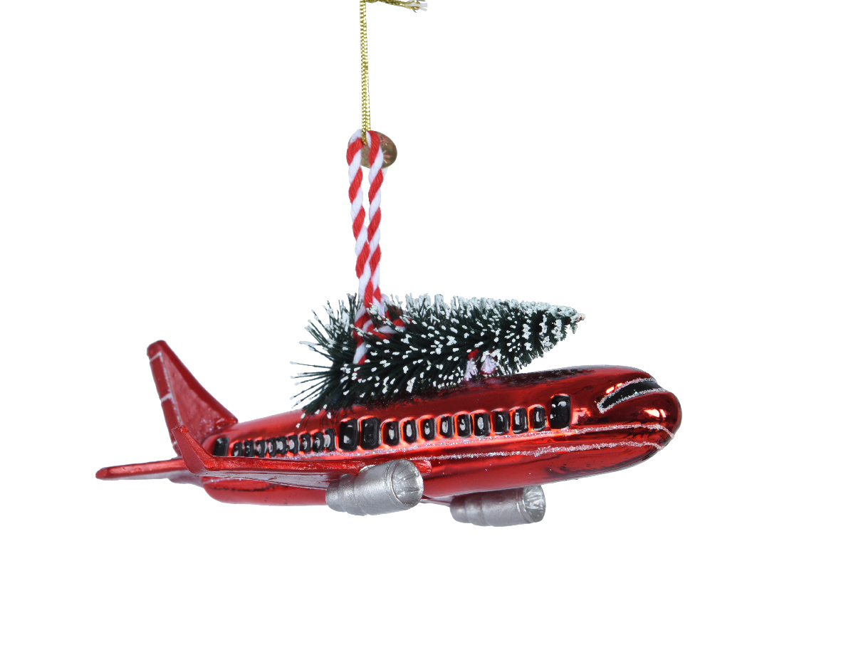 Vliegtuig glas l12.3b15.9h8.2 cm rood kerst - Decoris