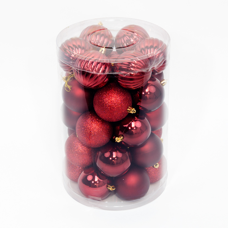 34 Onbreekbare kerstballen in koker diameter 7 cm bordeauxrood watermeloen - Oosterik Home